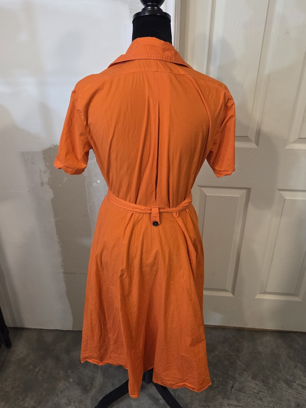 eShakti Vibrant Orange A Line Feminine Short-Sleeve Utility Midi Dress Belted - Picture 16 of 16